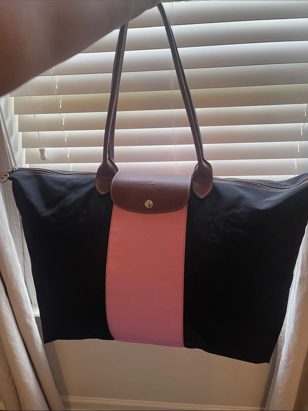 Longchamp Nylon Tote in Black with Pink Center Stripe and Brown Leather Strap